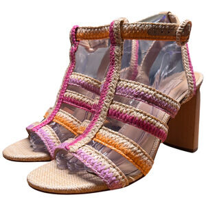 ANTONIO MELANI Gwindolin Women's 9 T-Strap Raffia Dress Sandals Pink Combo Shoes